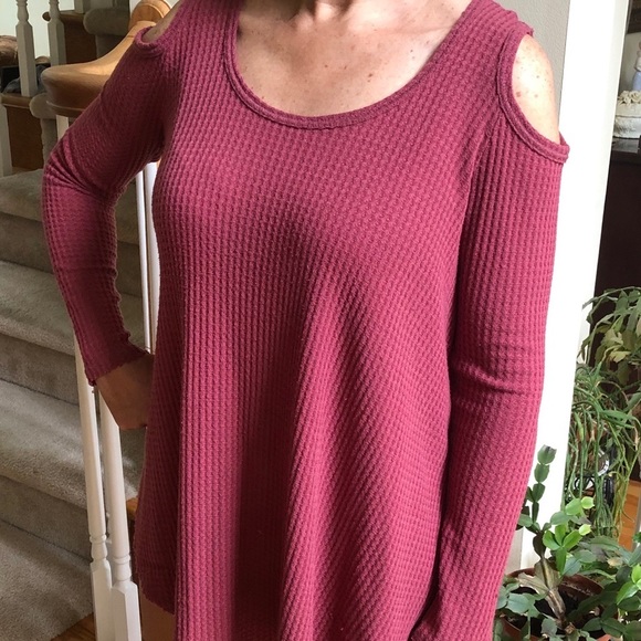 Waffle Weave Cold Shoulder Long Sleeve Top - Picture 1 of 6